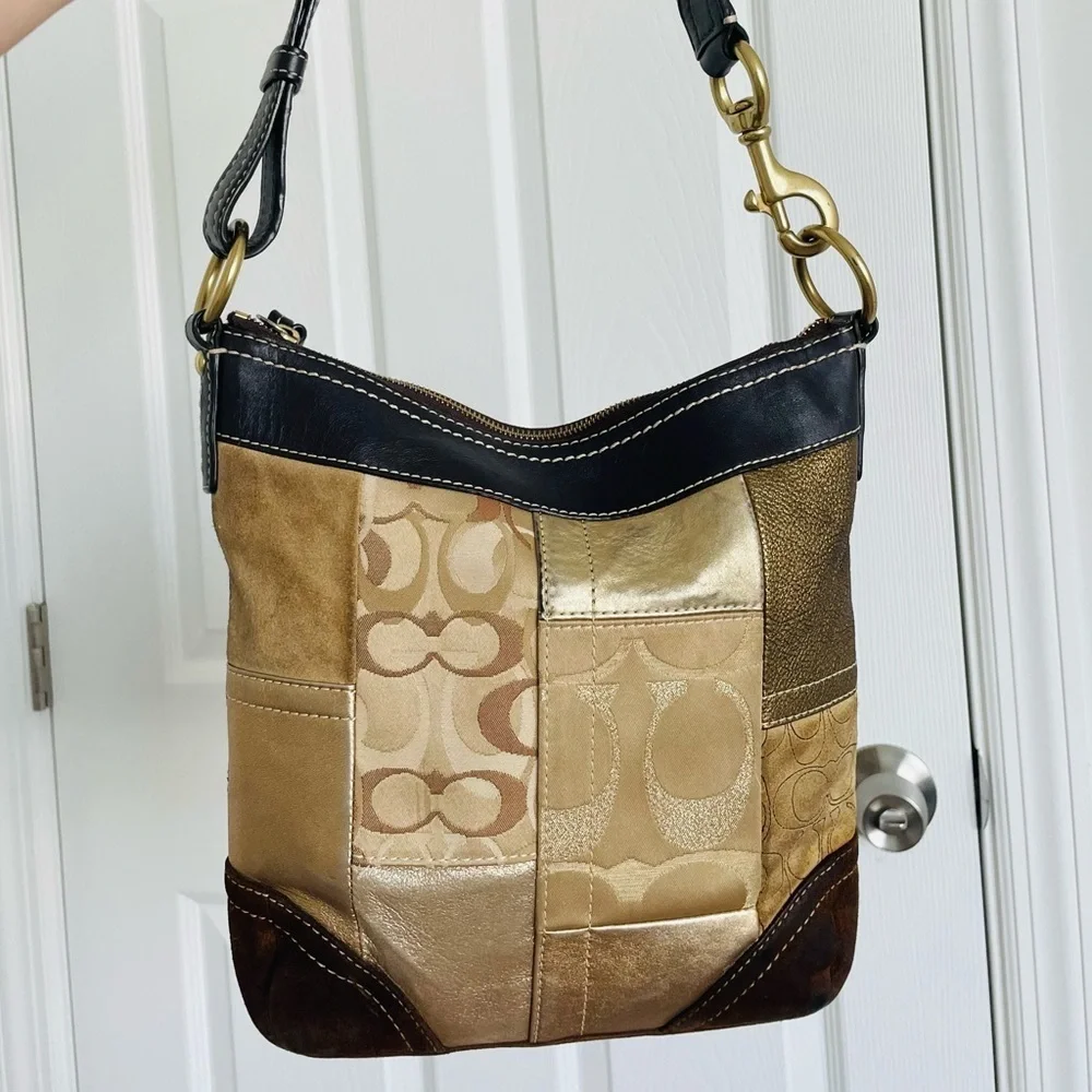Coach Vintage Hobo Y2K Shoulder Bag Gold Brown‎ Patchwork Suede Leather Purse